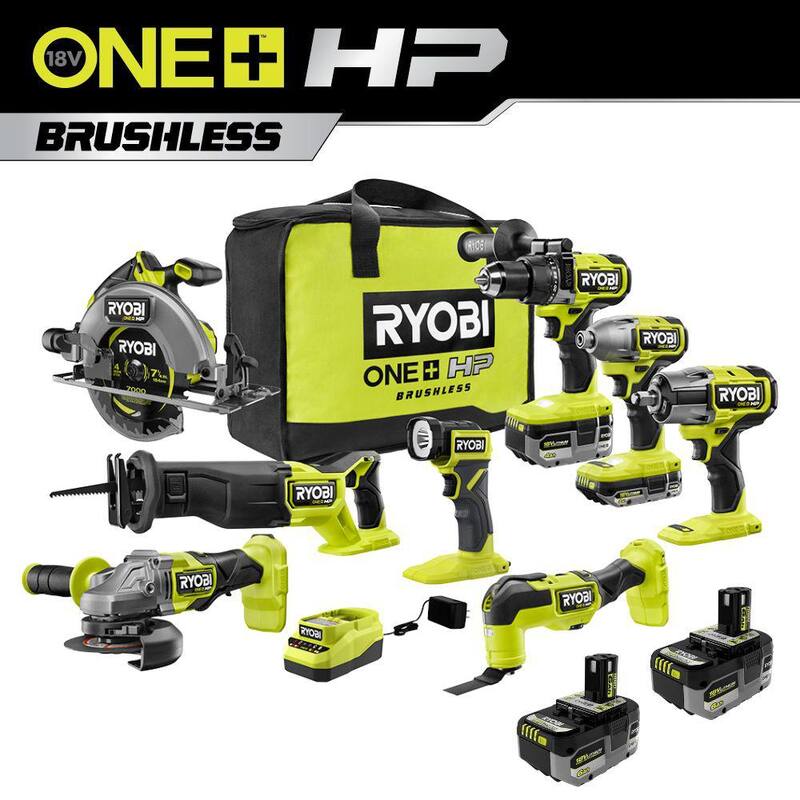RYOBI ONE+ HP 18V Brushless Cordless 8-Tool Combo Kit con baterías, cargador y bolsa con 2 baterías de alto rendimiento de 6.0 AH GRATIS - PBLCK108K2-PBP2007