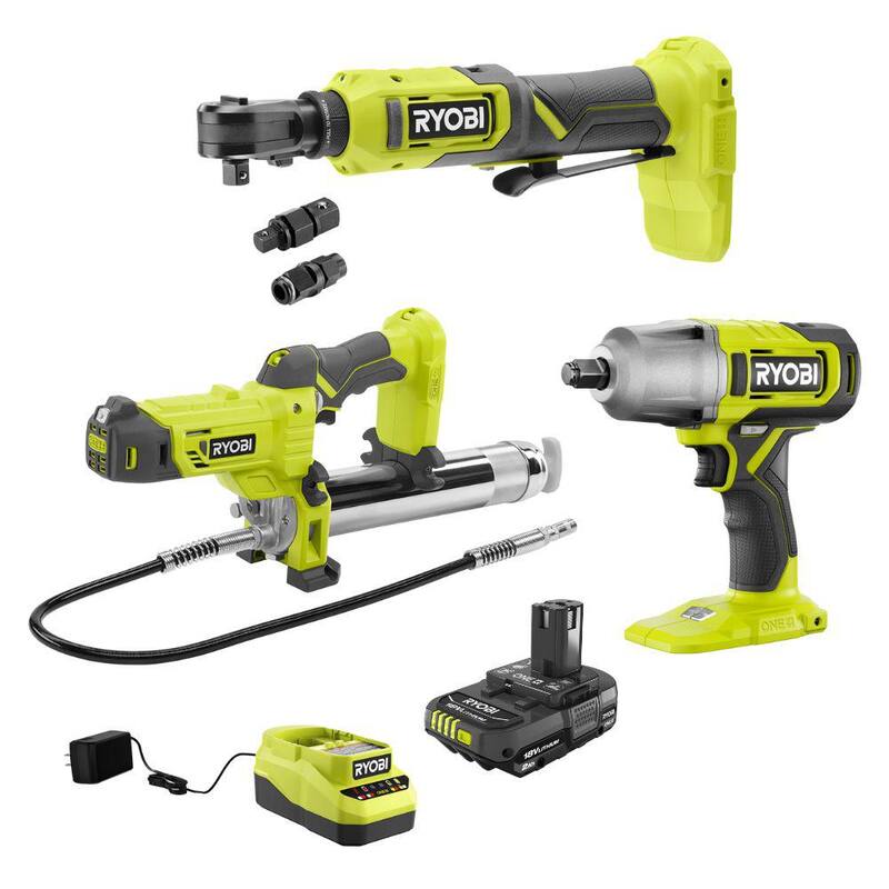 Juego de Combo Automotriz Inalámbrico de 3 Herramientas de 18V RYOBI ONE+ con Pistola de Grasa, Trinquete de Tamaño Múltiple, Llave de Impacto, Batería de 2.0 Ah y Cargador - PCL13022K1