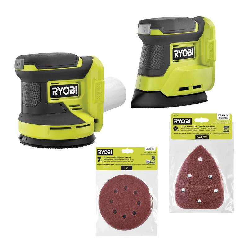 Kit de combo inalámbrico de 2 herramientas RYOBI ONE+ 18V con lijadora orbital aleatoria y lijadora de esquina Corner Cat (Solo herramientas) con lijas - PCL406B-PCL416B-A21C901-A21701