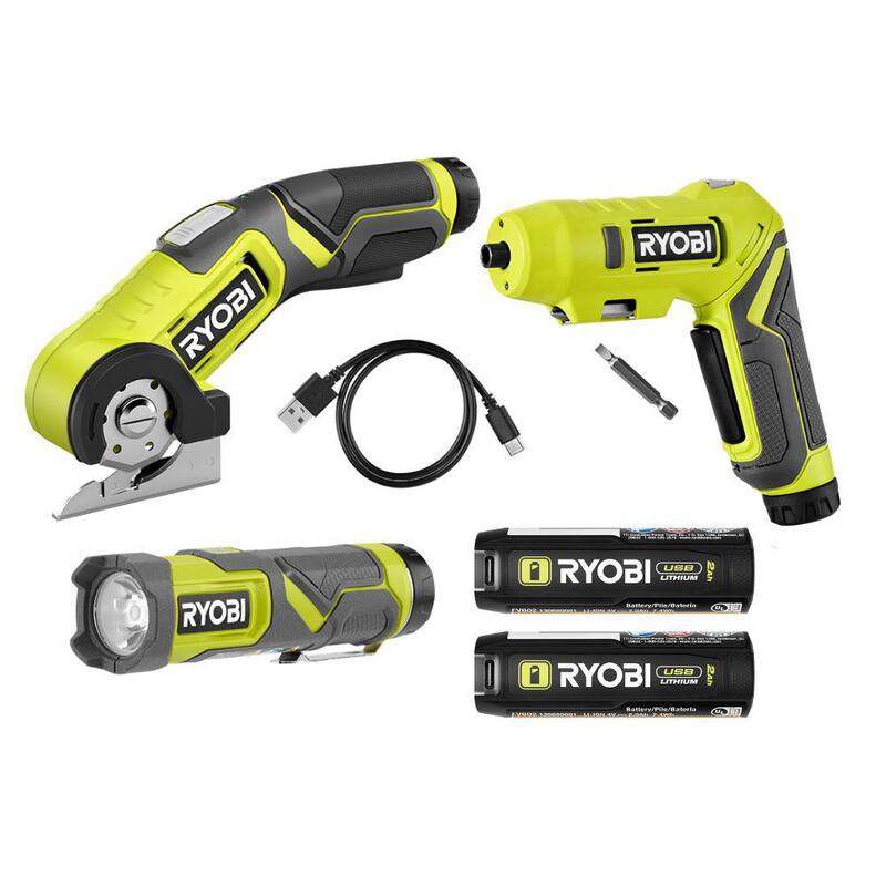 RYOBI Kit de Combo de 3 Herramientas con Linterna, Destornillador, Cortadora de Energía USB de Litio, (2) Baterías de 2 Ah y Cable de Carga - FVK101K2
