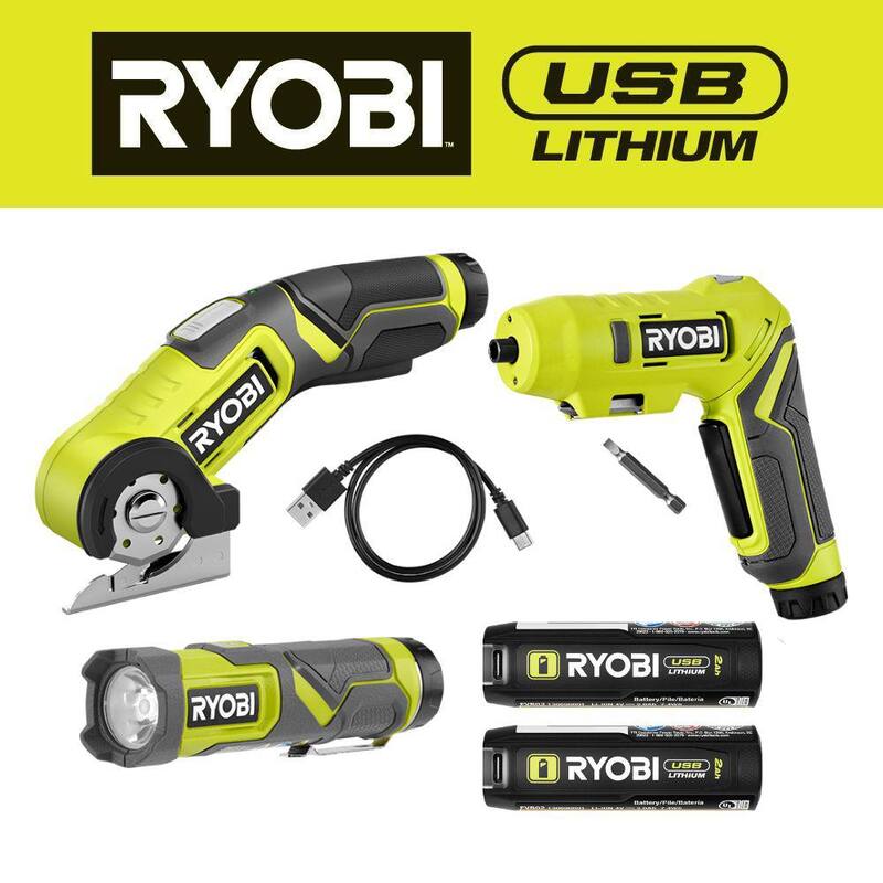 RYOBI Kit de Combo de 3 Herramientas con Linterna, Destornillador, Cortadora de Energía USB de Litio, (2) Baterías de 2 Ah y Cable de Carga - FVK101K2