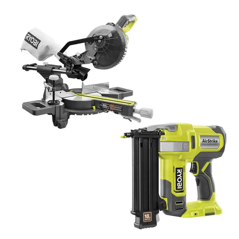RYOBI ONE+ 18V Juego de Combo Inalámbrico de 2 Herramientas con Sierra Inglete Compuesta Deslizante de 7-1/4 pulgadas y Clavadora Brad AirStrike (Sólo Herramientas) - PBT01B-P321