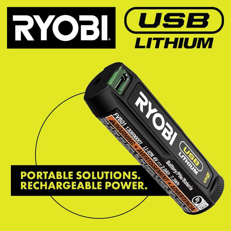 Kit combo de 3 herramientas RYOBI USB de litio con linterna, destornillador, cortador, (2) baterías, cargador y batería de litio 2Ah USB (paq. de 2) - FVK101K2-FVB202