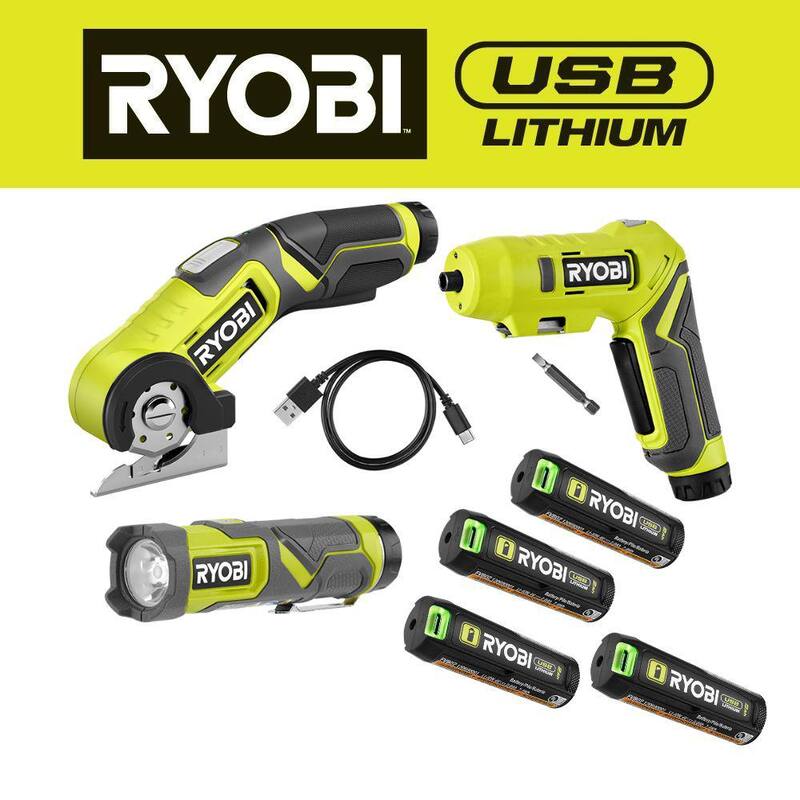 Kit combo de 3 herramientas RYOBI USB de litio con linterna, destornillador, cortador, (2) baterías, cargador y batería de litio 2Ah USB (paq. de 2) - FVK101K2-FVB202