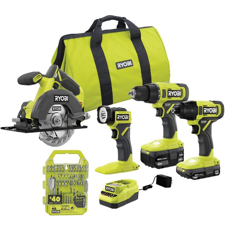 Kit combo inalámbrico de 4 herramientas RYOBI ONE+ 18V con baterías de 1.5 Ah y 4.0 Ah, cargador y kit de 40 piezas de taladro y unidad de impacto clasificado - PCL1400K2-A98401