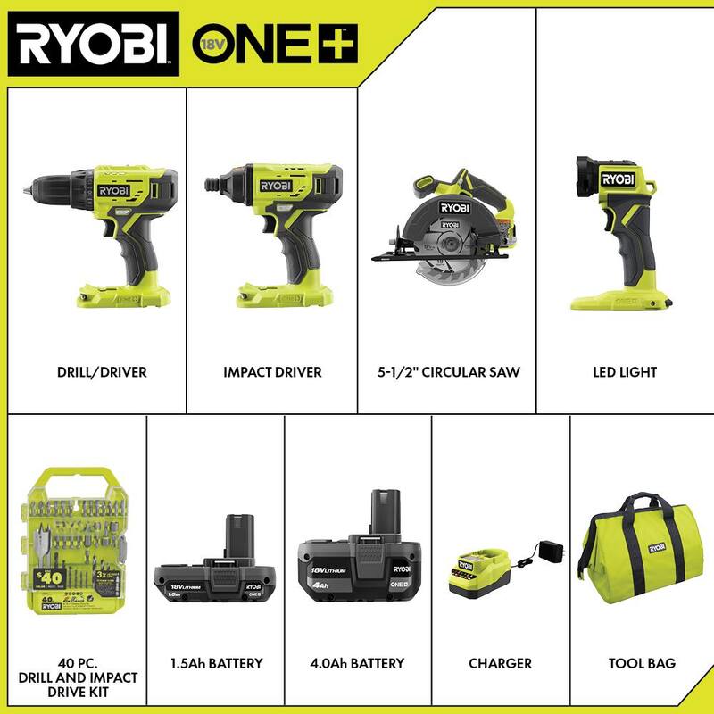 Kit combo inalámbrico de 4 herramientas RYOBI ONE+ 18V con baterías de 1.5 Ah y 4.0 Ah, cargador y kit de 40 piezas de taladro y unidad de impacto clasificado - PCL1400K2-A98401