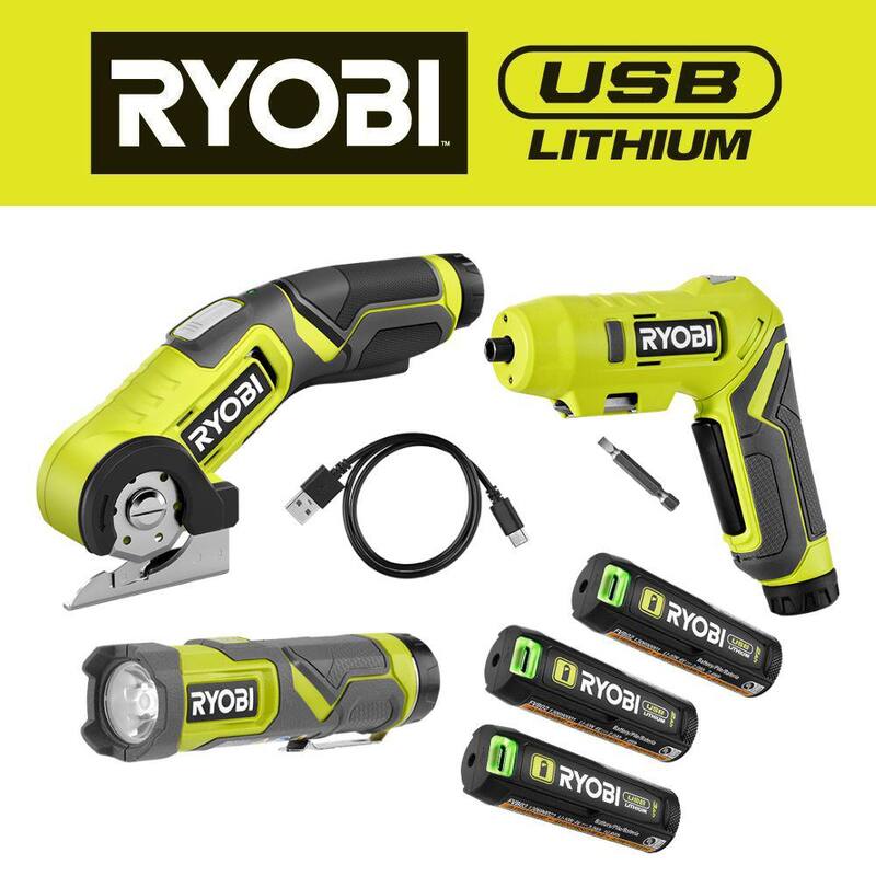 RYOBI USB Kit Combo de 3 herramientas con batería de litio, linterna, destornillador, cortador, (2) baterías de 2Ah, cargador y batería de litio de 3Ah - FVK101K2-FVB03.