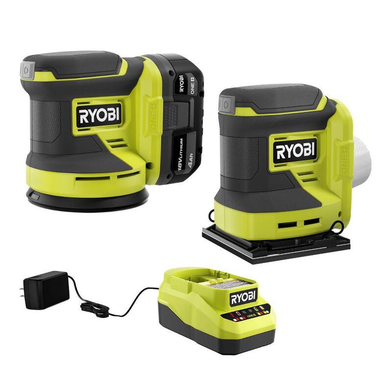 RYOBI ONE+ Kit de Combo Inalámbrico de 2 Herramientas con Lijadora Orbital Aleatoria, Lijadora de Hojas, Batería de 4.0 Ah y Cargador - PCL406K1-PCL401B