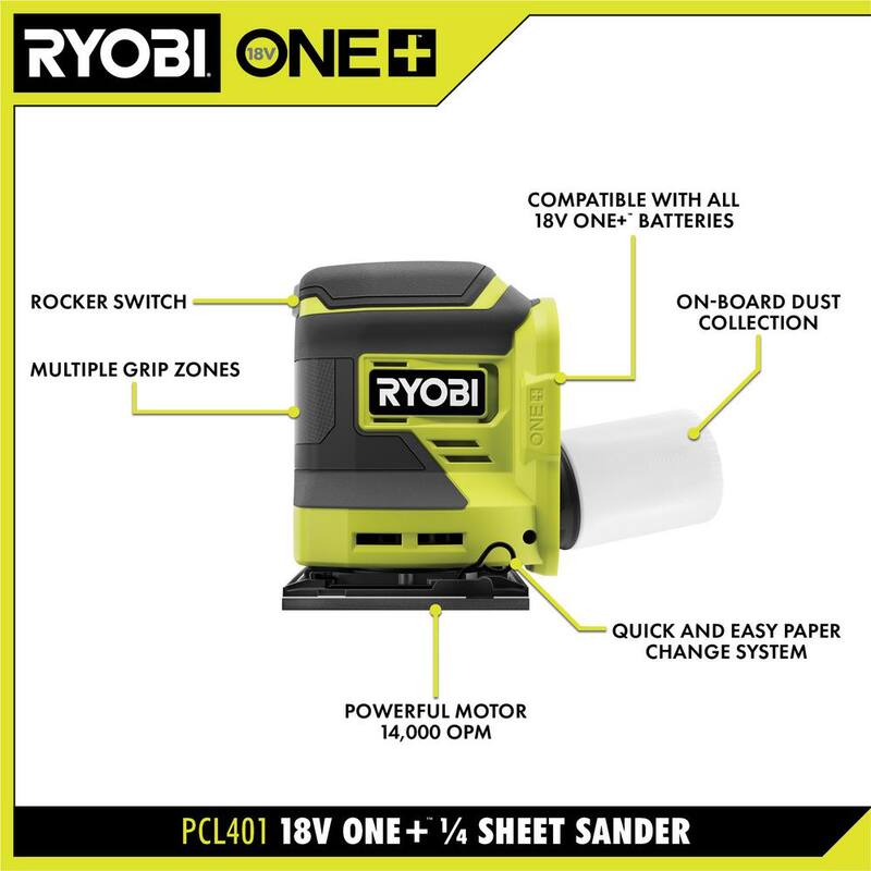 RYOBI ONE+ 18V Kit Combo Inalámbrico de 2 Herramientas con Lijadora de 1/4 de Hoja y Lijadora Orbital Aleatoria de 5 pulgadas (Solo Herramientas) - PCL401B-PCL406B