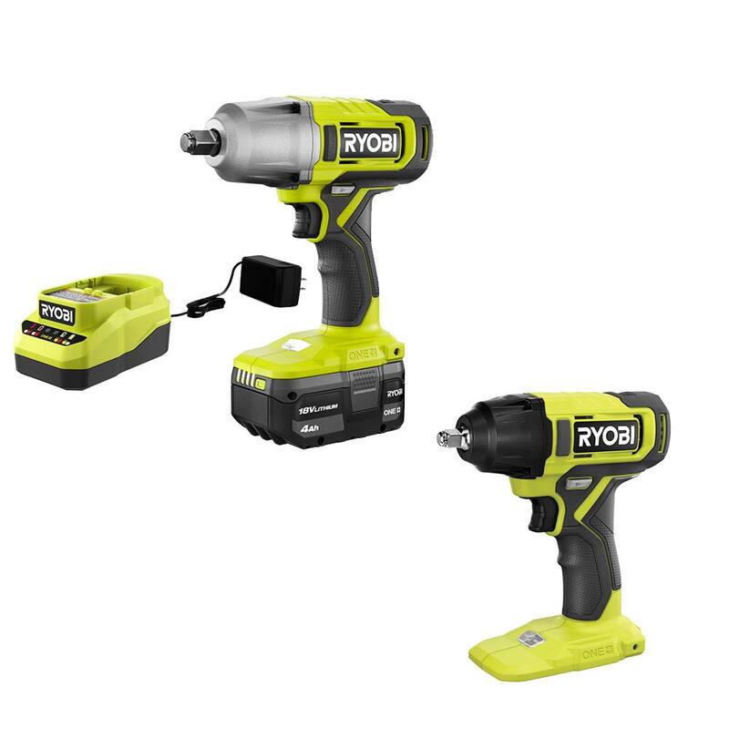 Conjunto de herramientas inalámbricas RYOBI ONE+ 18V con 2 herramientas, llave de impacto de 1/2 pulgadas, llave de impacto de 3/8 de pulgadas, batería de 4.0 Ah y cargador - PCL265K1-PCL250B