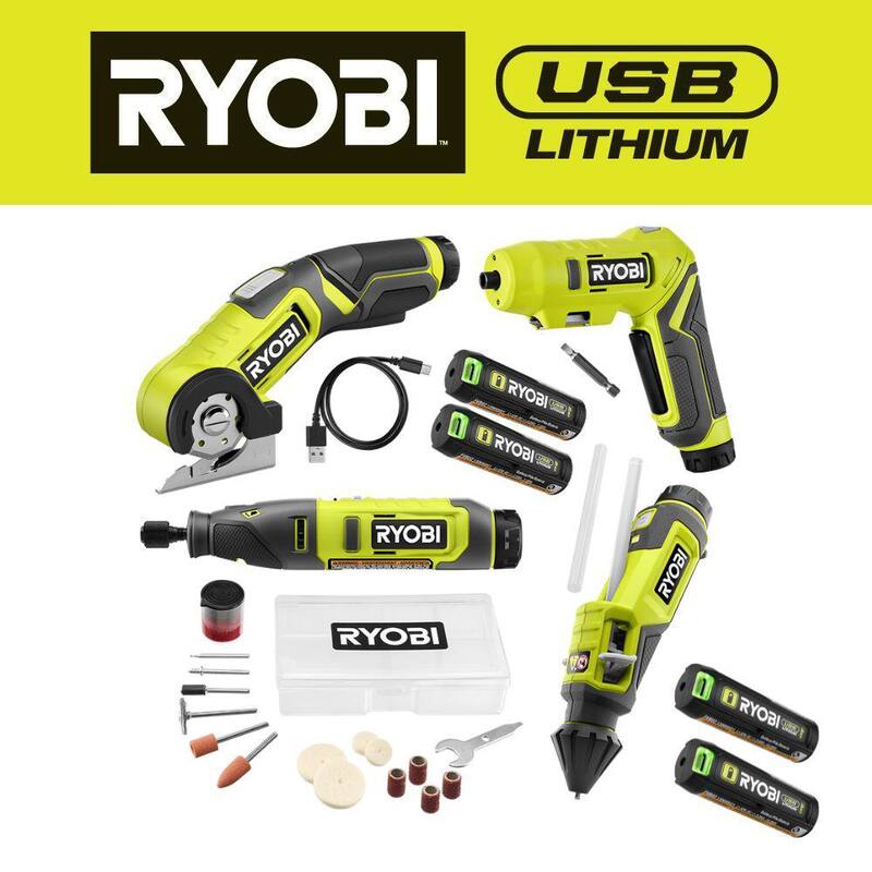 RYOBI USB Lithium 4Tool Combo Kit con destornillador, pluma de pegamento, herramienta rotativa, cortador de energía, baterías, cargador y (2) Baterías de 3.0 Ah - FVK102K2-FVB203