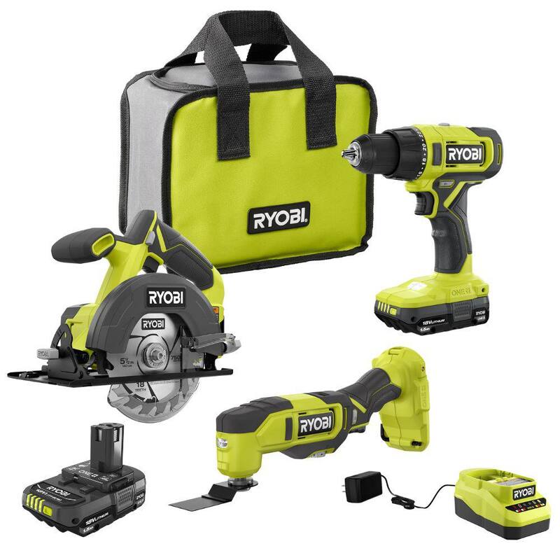 RYOBI ONE 18V Juego de herramientas inalámbricas 2 en 1 con taladro/destornillador, sierra circular, multiherramienta, 2 baterías de 1.5 Ah y cargador - PCL1201K2-PCL430B