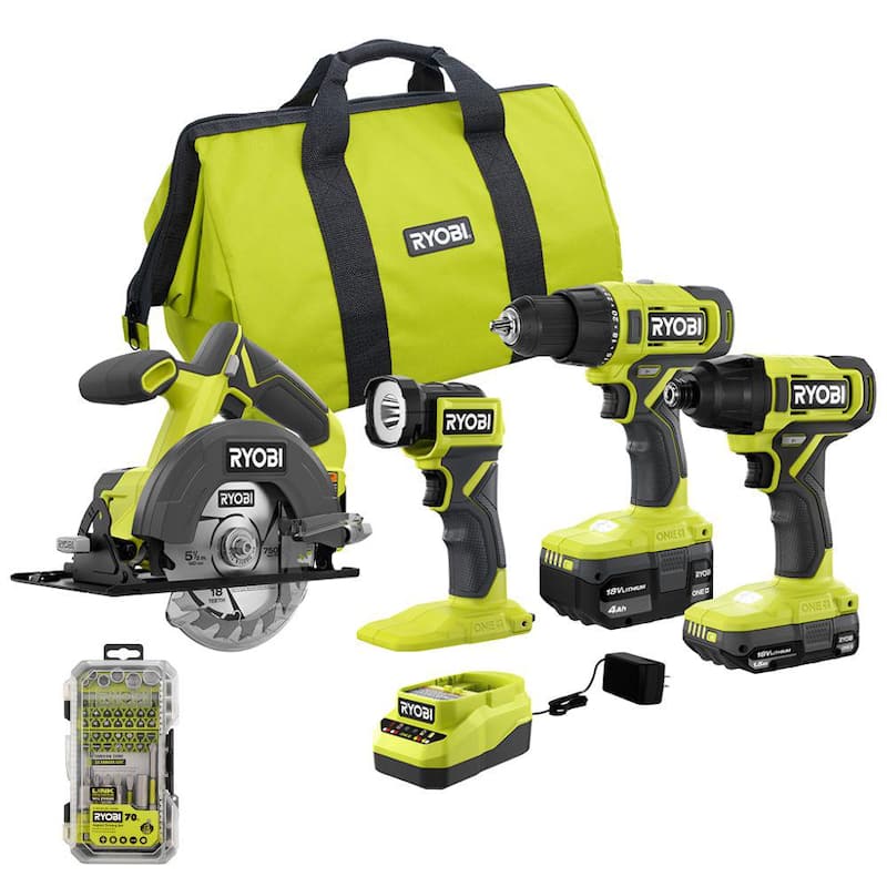 RYOBI ONE+ 18V Kit de combo inalámbrico de 4 herramientas con batería de 1.5 Ah, batería de 4.0 Ah, cargador y juego de 70 piezas de impacto - PCL1400K2-A967001