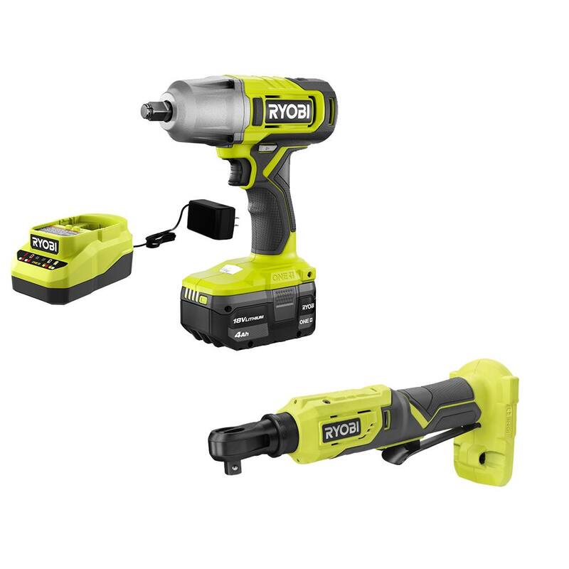 RYOBI ONE+ 18V Kit Combo de 2 herramientas inalámbricas con llave de impacto de 1/2 pulgadas, trinquete de 3/8 pulgadas, batería de 4.0 Ah y cargador - PCL265K1-P344