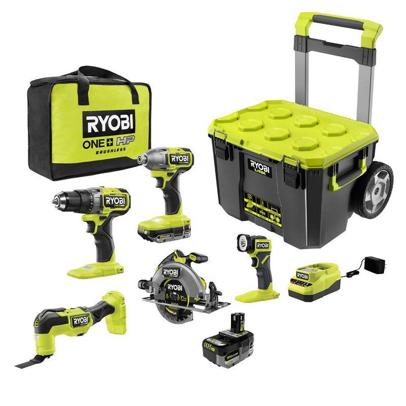 RYOBI ONE+ HP Juego de herramientas inalámbricas 5 en 1 de 18V con tecnología Brushless, baterías, cargador, bolsa y caja de herramientas rodante LINK - PBLCK105K2-STM201