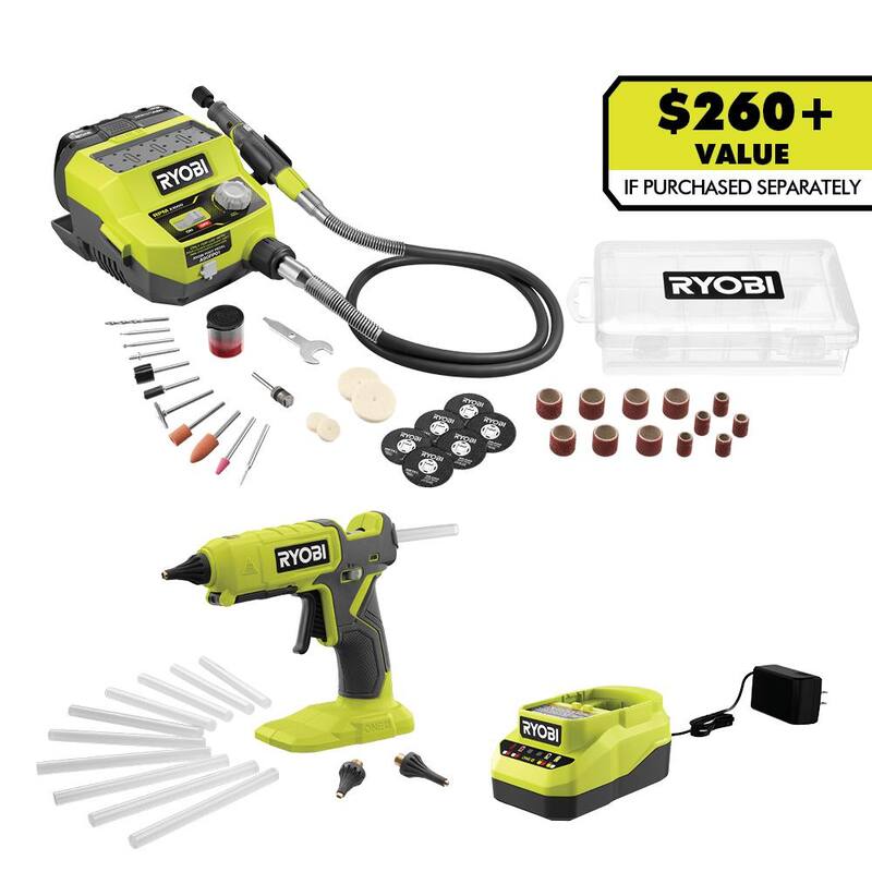 RYOBI ONE+ 18V Juego de Combinación de 2 Herramientas Inalámbricas con Estación de Herramienta Rotativa, Pistola de Silicona de Doble Temperatura, Batería de 2.0 Ah y Cargador - PCL1205K1