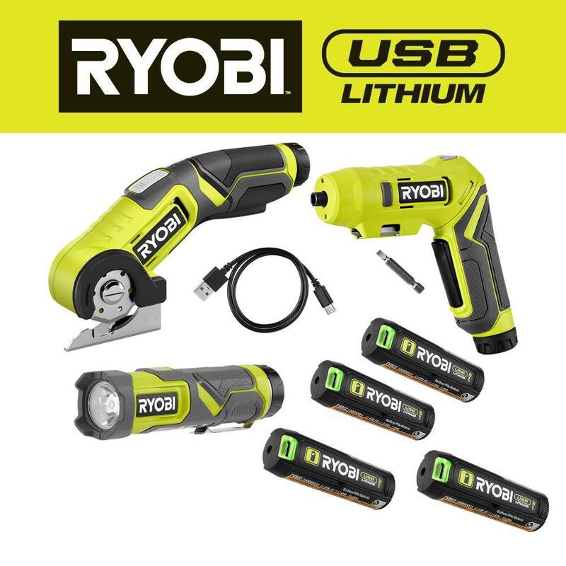 RYOBI USB Lithium 3-Tool Combo Kit con Linterna, Destornillador, Cortador, (2) Baterías, Cargador y Batería USB de Litio 3Ah (Paquete doble) - FVK101K2-FVB203