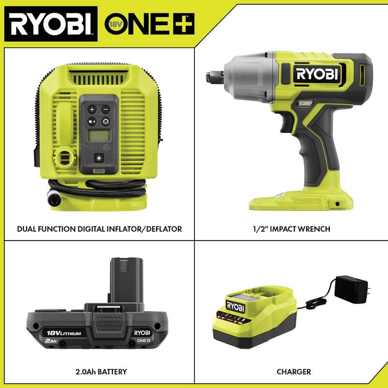 RYOBI ONE + 18V Kit Combo de 2 Herramientas Inalámbricas con Llave de Impacto de 1/2 pulg., Inflador, Batería de 2.0 Ah y Cargador - PCL1216K1