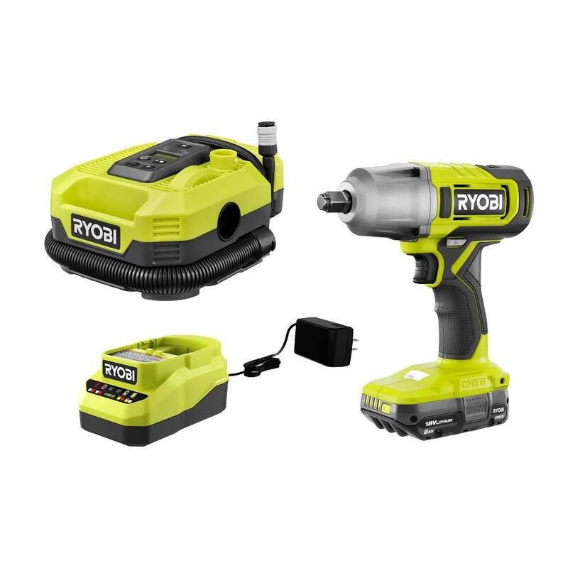 RYOBI ONE + 18V Kit Combo de 2 Herramientas Inalámbricas con Llave de Impacto de 1/2 pulg., Inflador, Batería de 2.0 Ah y Cargador - PCL1216K1
