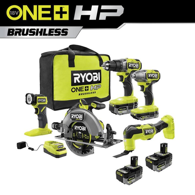 RYOBI ONE+ HP 18V Juego de herramientas inalámbricas sin escobillas de 5 piezas con (2) baterías, cargador, bolsa y (2) baterías de alto rendimiento de 6.0 GRATIS - PBLCK105K2-PBP2007