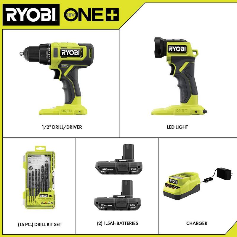 RYOBI ONE+ 18V Cordless 2-Tool Combo Kit w/ Drill/Driver, LED Light, (2) 1.5 Ah Batteries, Charger, and Bit Set (15-Piece) - PCL206K2-PCL660B-A971502

Kit combinado inalámbrico de 2 herramientas RYOBI ONE+ 18V con taladro/destornillador, luz LED, (2) baterías de 1.5 Ah, cargador y juego de puntas (15 piezas) - PCL206K2-PCL660B-A971502
