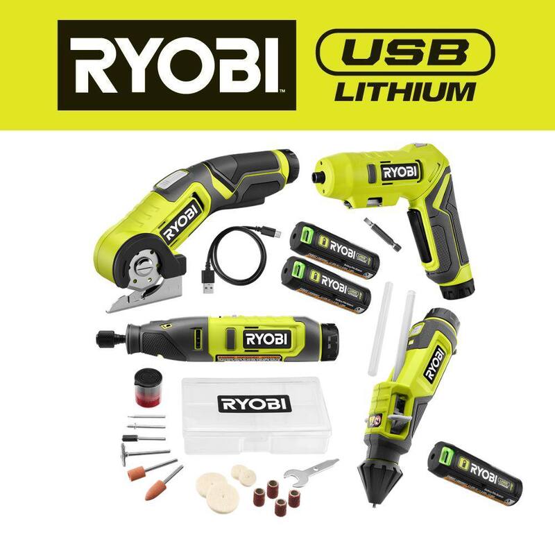 RYOBI Kit Combo de 4 herramientas con batería de litio USB, destornillador, bolígrafo de pegamento, herramienta rotativa, cortador de energía, baterías, cargador y batería de 3.0 Ah - FVK102K2-FVB03