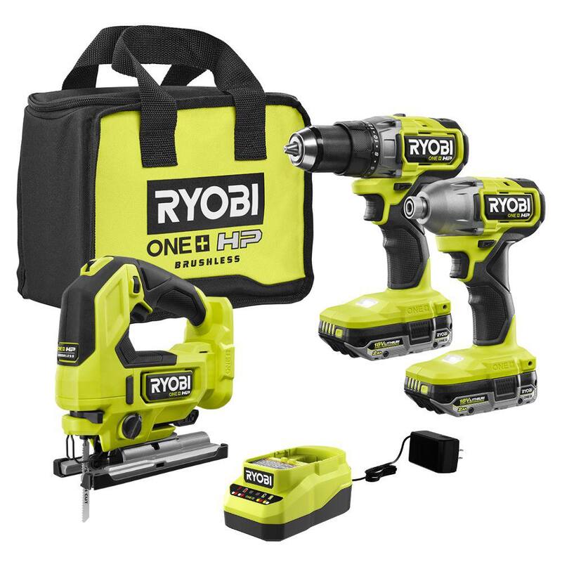 RYOBI ONE+ HP 18V Juego de 2 herramientas inalámbricas sin escobillas con baterías (2) de 2.0 Ah, cargador, bolsa y sierra de calar - PBLCK01K-PBLJS01B
