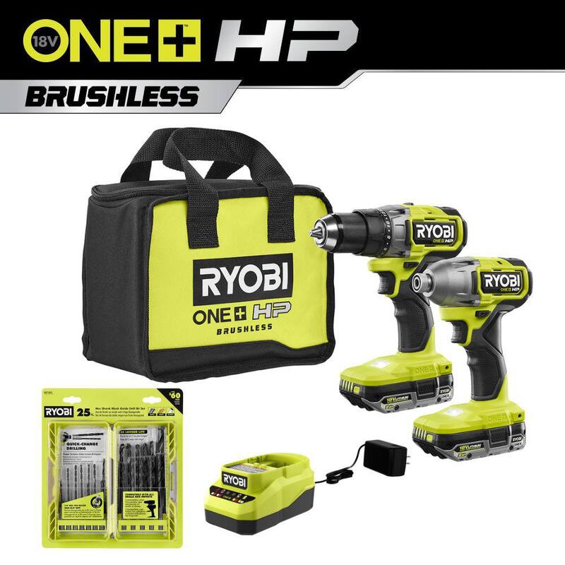 RYOBI ONE+ HP 18V Taladro/Atornillador Inalámbrico sin escobillas y Kit de Impacto con (2) Baterías de 2Ah, Cargador, Bolsa y Juego de 25 Puntas - PBLCK01K-A972502
