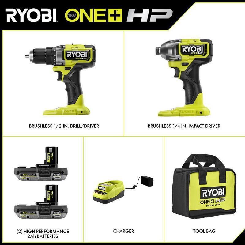 RYOBI ONE+ HP 18V Taladro/Atornillador Inalámbrico sin escobillas y Kit de Impacto con (2) Baterías de 2Ah, Cargador, Bolsa y Juego de 25 Puntas - PBLCK01K-A972502