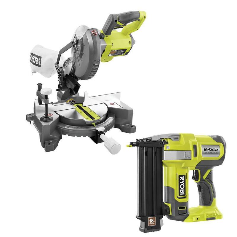 RYOBI ONE+ 18V Cordless 2-Tool Combo Kit with 7-1/4 in. Compound Miter Saw and AirStrike 18-Gauge Brad Nailer (Herramientas solamente) - P553-P321
