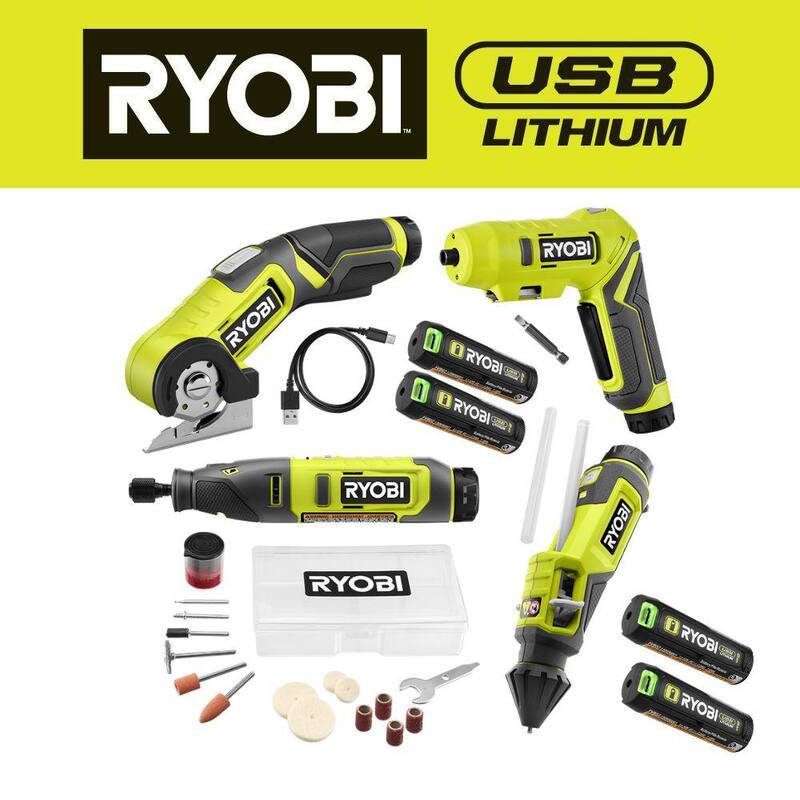 Juego de combinación de 4 herramientas RYOBI USB de litio con destornillador, pluma de pegamento, herramienta rotativa, cortador de energía, baterías, cargador y (2) baterías de 2.0 Ah - FVK102K2-FVB202