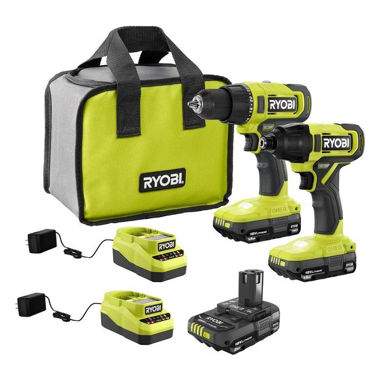 RYOBI ONE+ 18V Kit de Combinación de 2 Herramientas Inalámbricas con (2) Baterías de 1.5 Ah y Cargador con Batería de 2.0 Ah y Cargador - PCL1200K2-PSK005