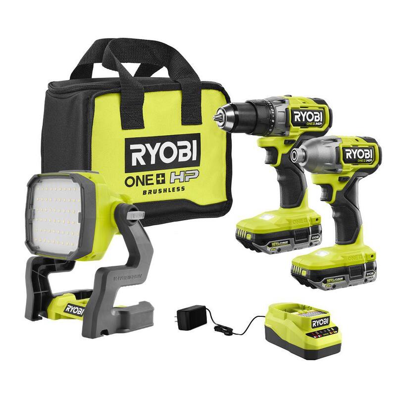RYOBI ONE+ HP 18V Juego de Combo Inalámbrico sin Escobillas de 2 Herramientas con (2) Baterías de 2.0 Ah, Cargador, Bolsa y Luz de Trabajo LED Híbrida - PBLCK01K-PCL633B