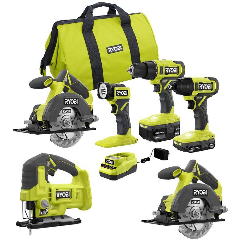 RYOBI ONE+ 18V Conjunto de herramientas inalámbricas de 4 piezas con batería de 1.5 Ah, batería de 4.0 Ah, cargador, sierra circular y sierra de calar - PCL1400K2-PCL500525SB