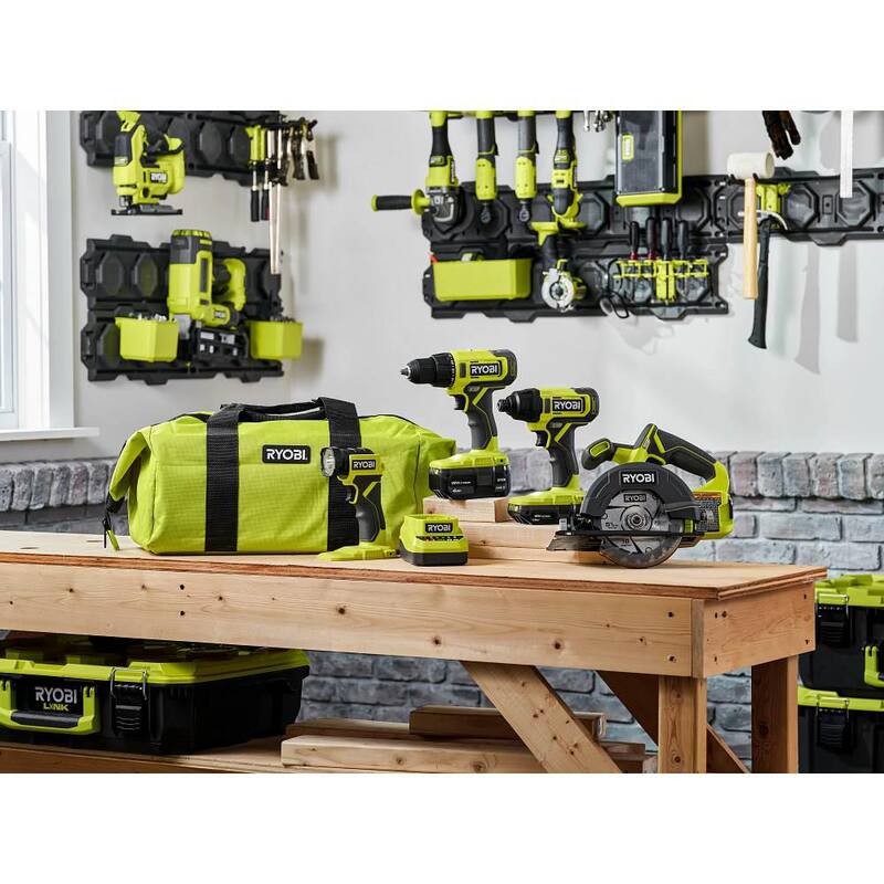 RYOBI ONE+ 18V Conjunto de herramientas inalámbricas de 4 piezas con batería de 1.5 Ah, batería de 4.0 Ah, cargador, sierra circular y sierra de calar - PCL1400K2-PCL500525SB