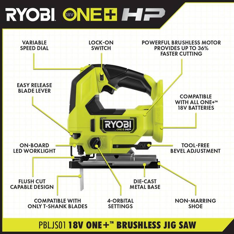 Juego de combo inalámbrico brushless de 3 herramientas RYOBI ONE+ HP 18V con taladro martillo, taladro de impacto, sierra de calar, baterías, cargador y bolsa - PBLCK02K-PBLJS01B.