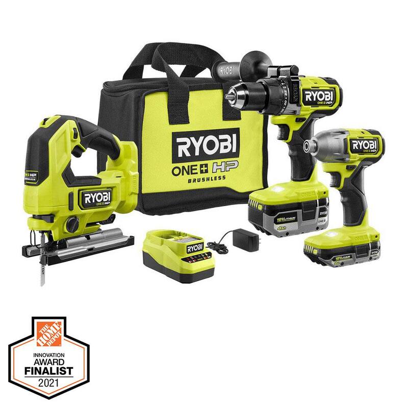 Juego de combo inalámbrico brushless de 3 herramientas RYOBI ONE+ HP 18V con taladro martillo, taladro de impacto, sierra de calar, baterías, cargador y bolsa - PBLCK02K-PBLJS01B.