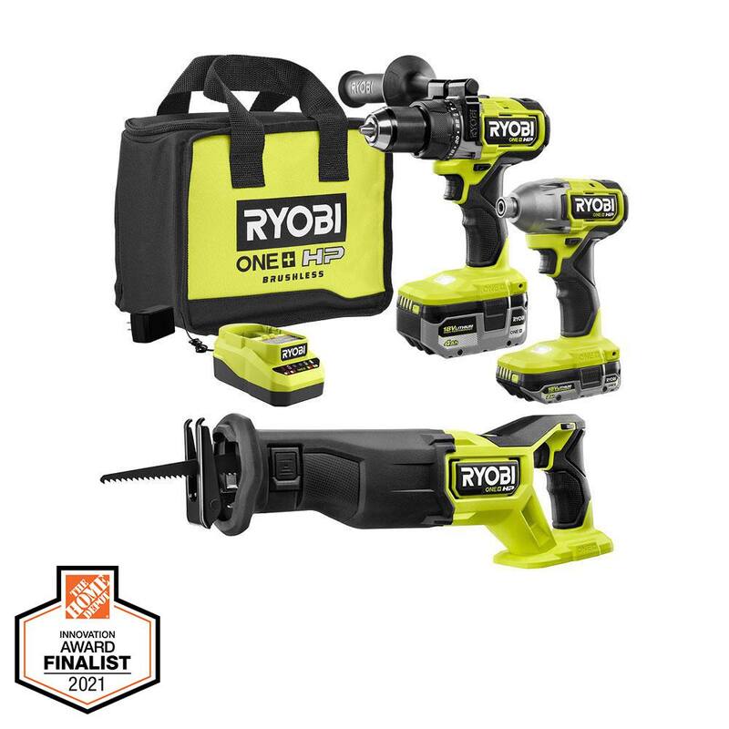 RYOBI ONE+ HP 18V Brushless Cordless 3-Tool Combo Kit con taladro martillo, impacto, sierra reciproca, baterías, cargador y bolsa - PBLCK02K-PBLRS01B