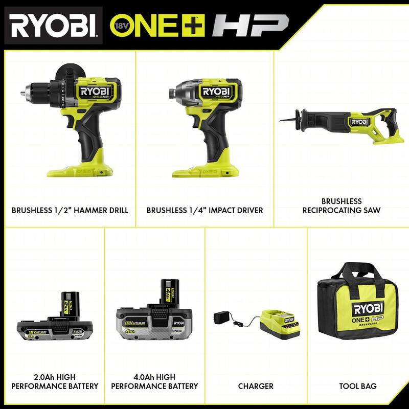 RYOBI ONE+ HP 18V Brushless Cordless 3-Tool Combo Kit con taladro martillo, impacto, sierra reciproca, baterías, cargador y bolsa - PBLCK02K-PBLRS01B
