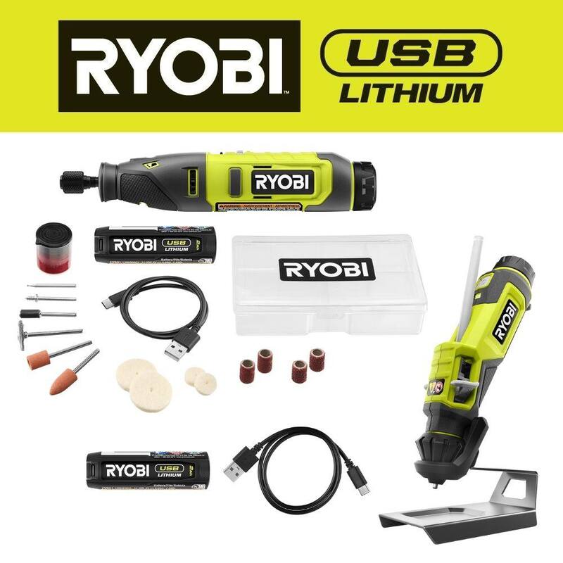 RYOBI Kit Combinado de 2 Herramientas con Baterías de Litio USB, Herramienta Rotativa, Pluma de Pegamento, (2) Baterías USB de Litio de 2.0 Ah y (2) Cables de Carga - FVM51K-FVH56K