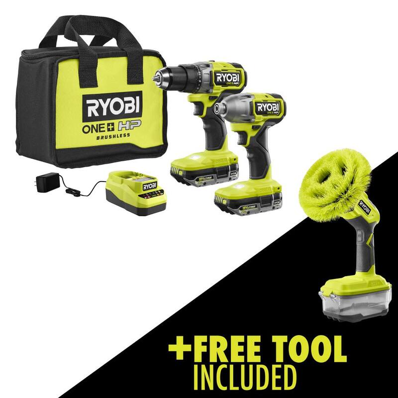 RYOBI ONE+ HP 18V Kit Combo sin escobillas inalámbrico de 2 herramientas con (2) baterías de 2.0 Ah, cargador, bolsa y limpiador de potencia inalámbrico GRATIS - PBLCK01K-P4510