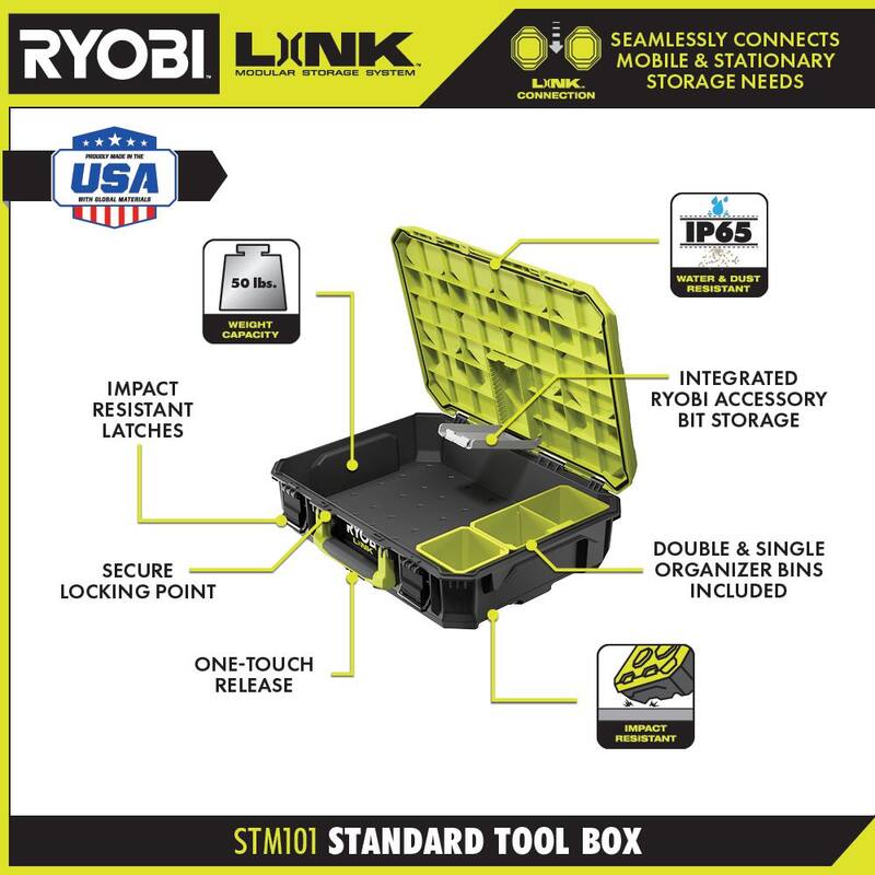 RYOBI ONE+ HP 18V Juego de Taladro/Atornillador inalámbrico Brushless & Impact Driver con baterías, cargador y maletín con caja de herramientas estándar LINK - PBLCK01K-STM101