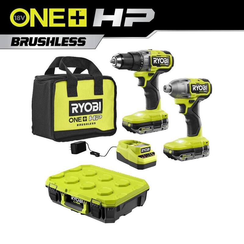 RYOBI ONE+ HP 18V Juego de Taladro/Atornillador inalámbrico Brushless & Impact Driver con baterías, cargador y maletín con caja de herramientas estándar LINK - PBLCK01K-STM101