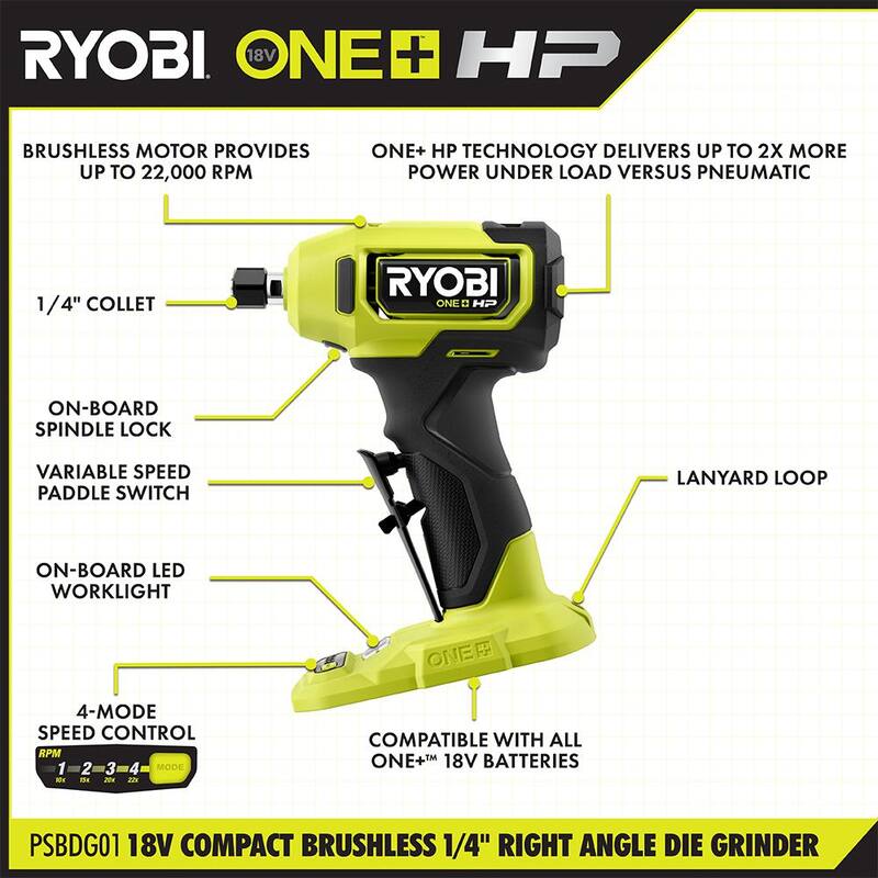 RYOBI ONE+ HP 18V 2-Kit de herramientas combinadas con llave de impacto de 4 modos de 1/2 pulg. y esmeriladora angular de 1/4 pulg. (solo herramientas) - P262-PSBDG01B
