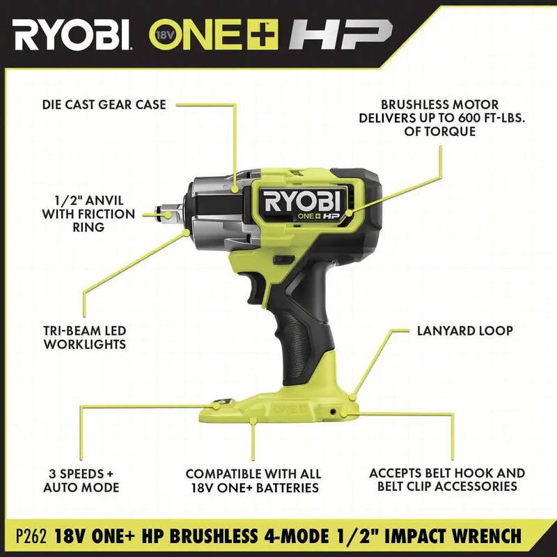 RYOBI ONE+ Kit de combo inalámbrico de 2 herramientas de 18V con luz de proyecto LED híbrida y llave de impacto inalámbrica sin escobillas de 4 modos (solo herramientas) - P790-P262
