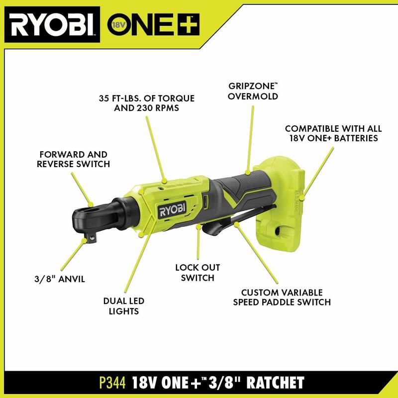 RYOBI ONE+ 18V Llave de trinquete inalámbrica de 3/8 pulg. y Llave de trinquete de 1/4 pulg. (Herramientas solamente) - P344-PRC01B