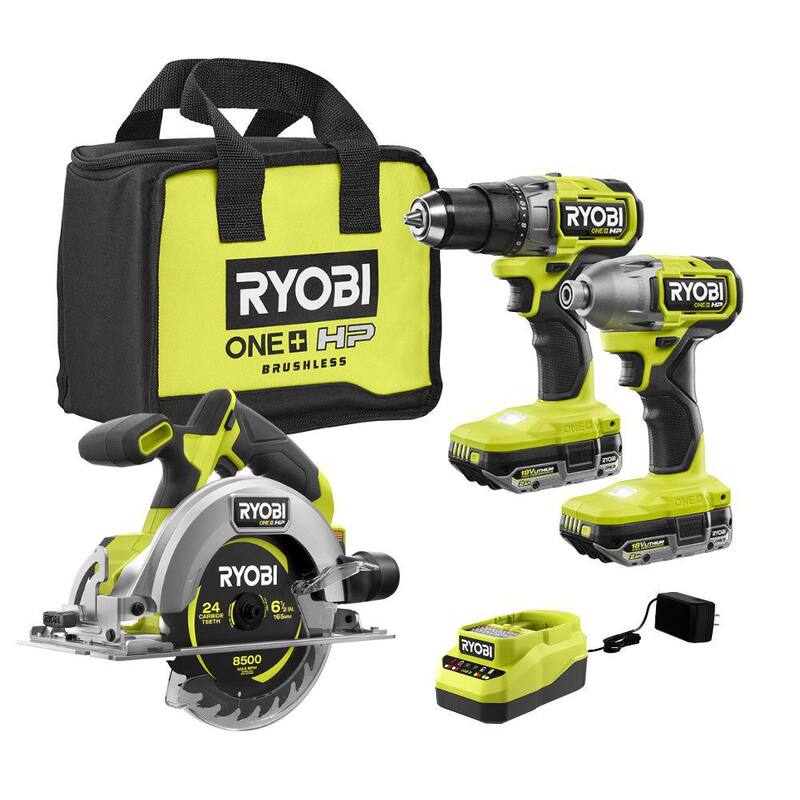 RYOBI ONE+ HP 18V Juego de Combo Inalámbrico sin Escobillas de 2 Herramientas con (2) Baterías de 2.0 Ah, Cargador, Bolsa y Sierra Circular de 6-1/2 pulgadas - PBLCK01K-PSBCS01B.