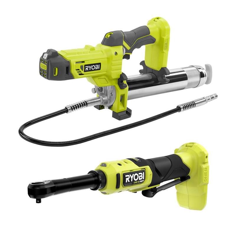 RYOBI ONE+ 18V Kit combinado de 2 herramientas inalámbricas con trinquete de alcance extendido de 1/4 de pulgada y pistola engrasadora (solo herramientas) - PBLRC01B-P3410