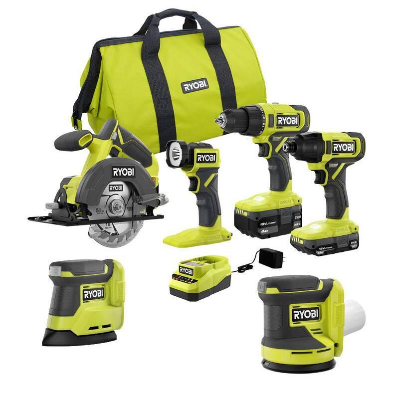 RYOBI ONE+ Kit de Combo inalámbrico de 4 herramientas con batería de 1.5 Ah, batería de 4.0 Ah, cargador y (2) lijadoras - PCL1400K2-PCL406416SB
