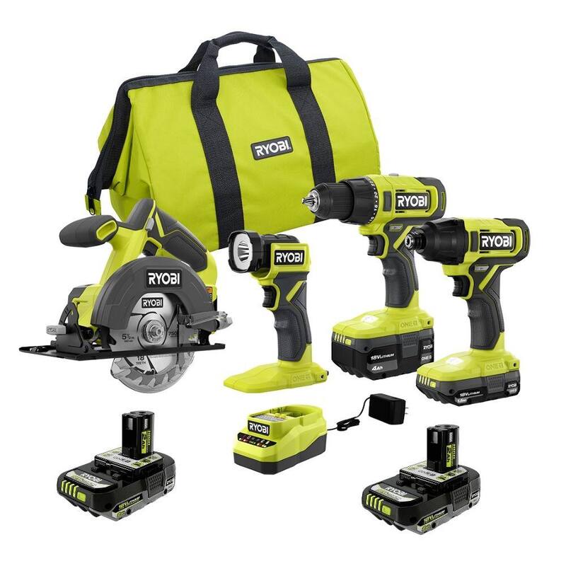 RYOBI ONE+ 18V Kit de Combo de 4 Herramientas Inalámbricas con Batería de 1.5 Ah, Batería de 4.0 Ah, y Cargador con (2) Baterías de Alto Rendimiento de 2.0 Ah - PCL1400K2-PBP2003